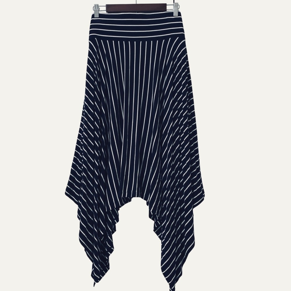 Cabi Handkerchief Hem Skirt Women Size L Navy White Striped Asymmetrical Pull On